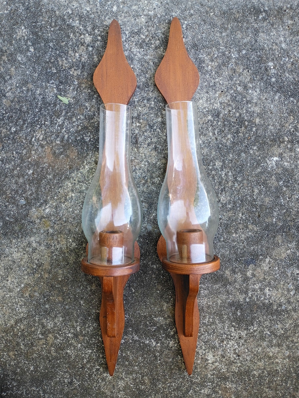 Pair of 25" Mid Century Modern Wood Wall Hanging Candlestick Sconces w Shades